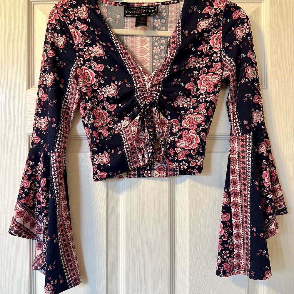 Polly & Esther Navy and Pink Floral Bell Sleeve Blouse